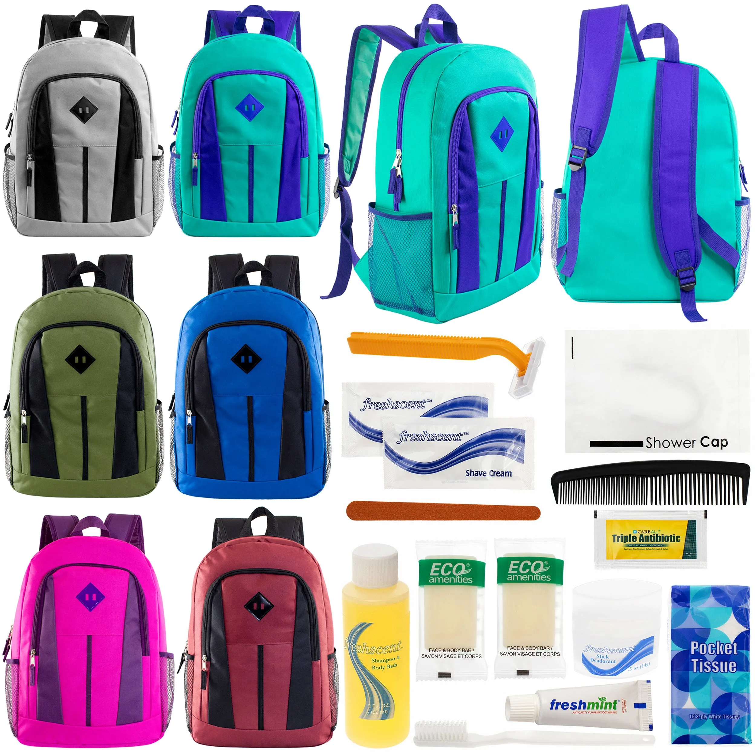 12 Multi Color Diamond Patch 17" Backpacks & Your Choice of 12 Bulk Hygiene Kits - Wholesale Care Package: Homeless, Emergency, Charity