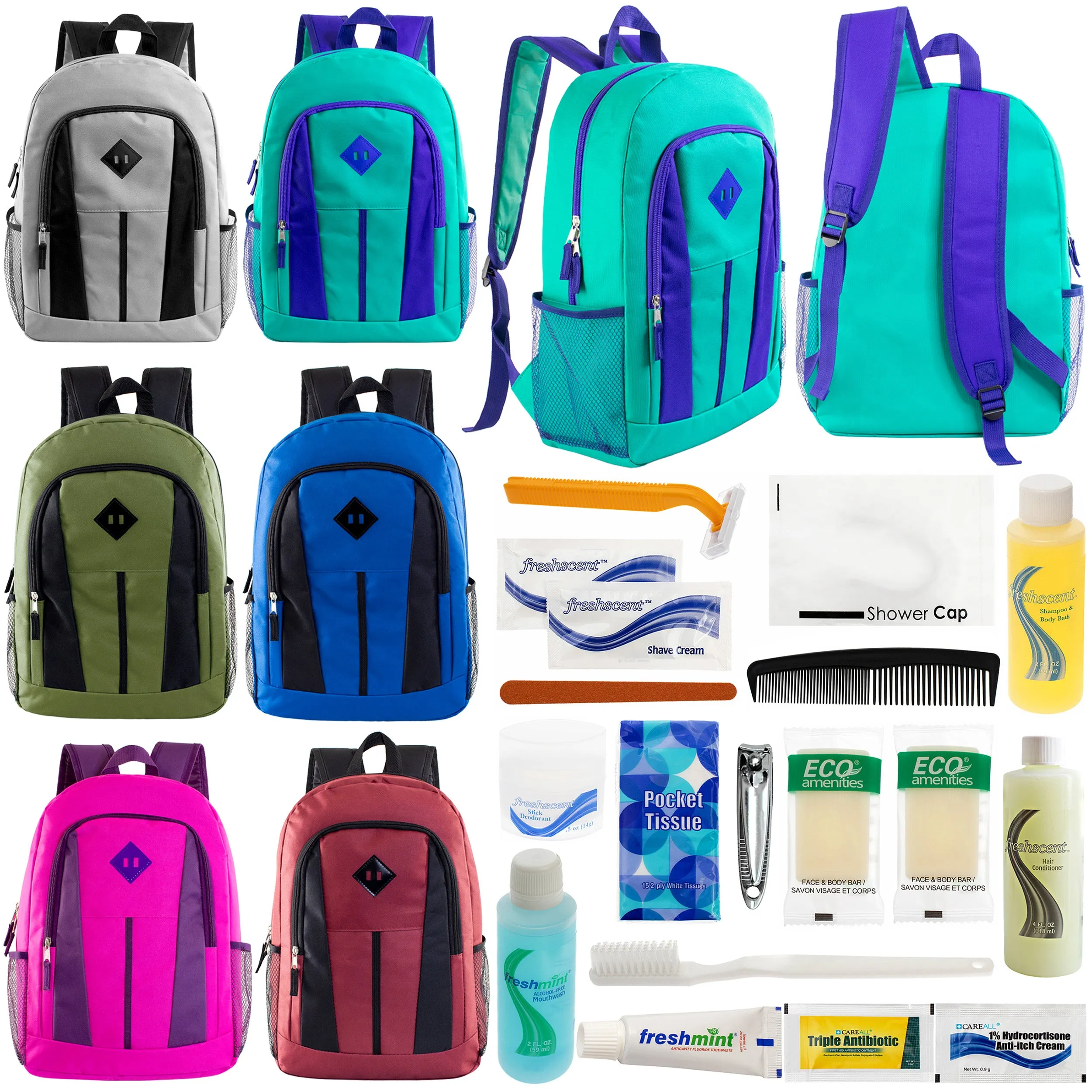 12 Multi Color Diamond Patch 17" Backpacks & Your Choice of 12 Bulk Hygiene Kits - Wholesale Care Package: Homeless, Emergency, Charity