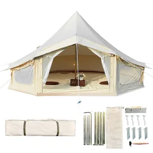 cozy Canvas Tent Bell Tent 4 Seasons Yurt Tent Waterproof Breathable Wall Tent With 2 Stove Jack 4 Mesh Zippers Windows Glamping Tent For 4-12 People Family Camping Outdoor Party