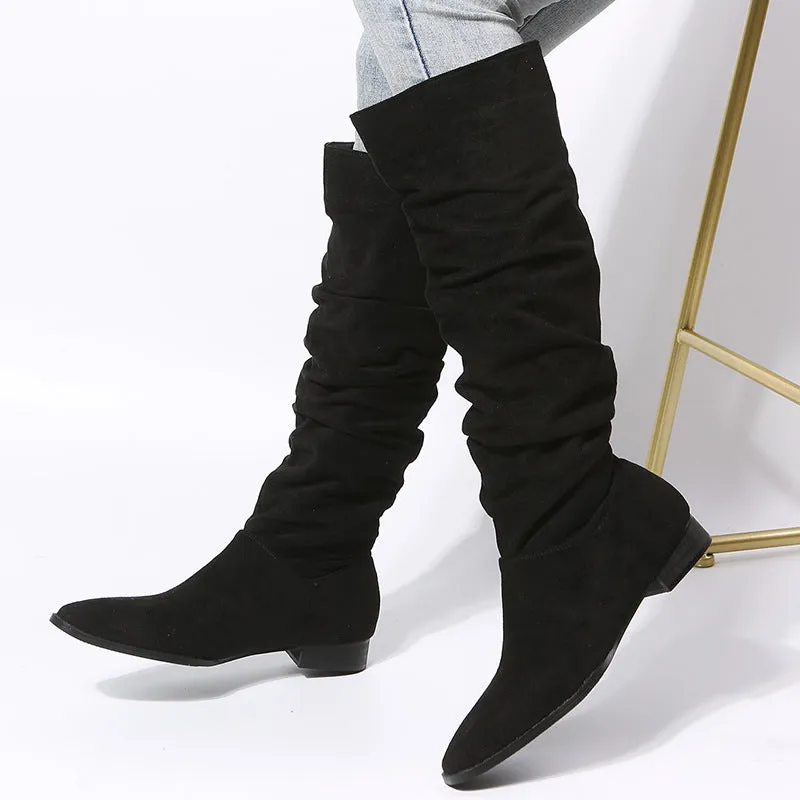 Low Heel Boot Women Faux Suede Pointed Toe Boots Pleated Design Shoes