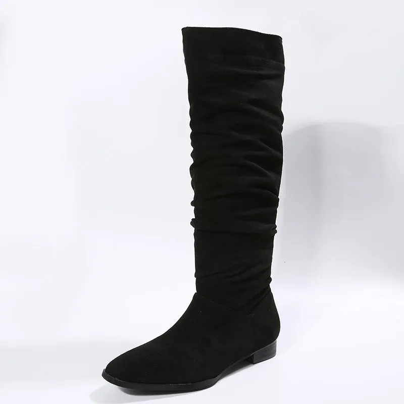 Low Heel Boot Women Faux Suede Pointed Toe Boots Pleated Design Shoes