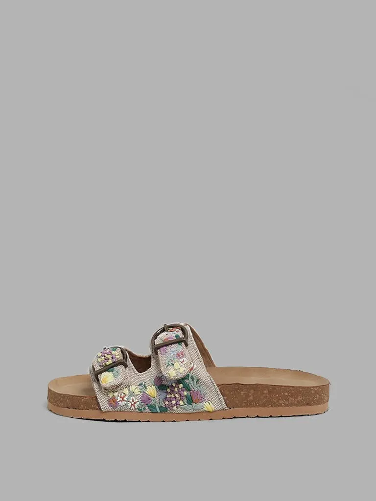 LUNA BLU Beige Floral Embroidered Comfort Sandals