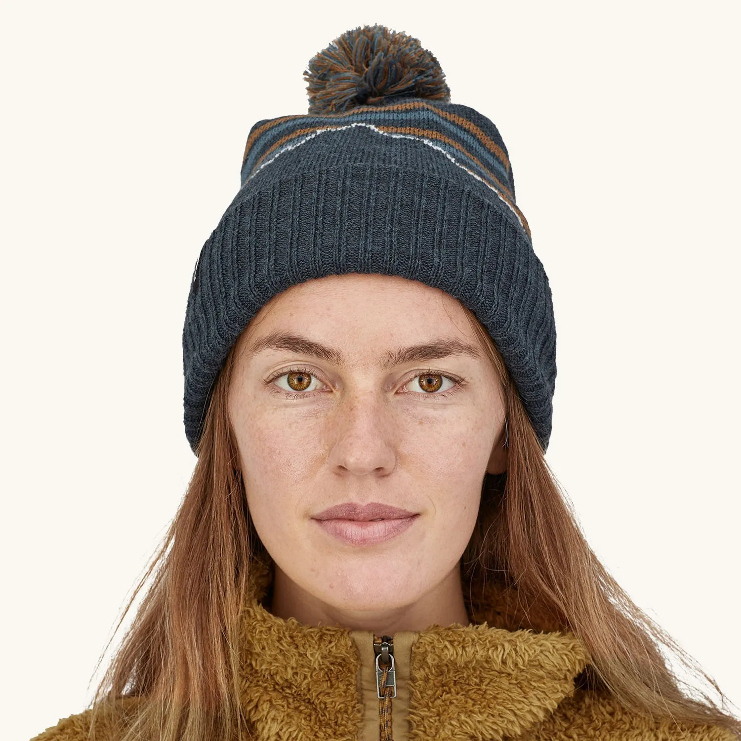 Patagonia Powder Town Beanie Bobble Hat - Fitz Roy Stripe Knit / Smolder Blue