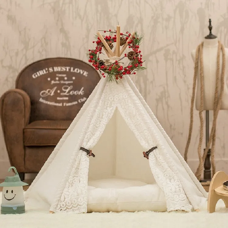 Removable and Washable Canvas Fabric Pet Nest Pet Tent, Size:60x60x70cm, Style:Spiked Lace (with Pad)