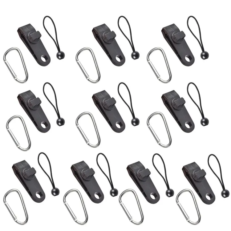 Windproof Canopy Fixed Tent Clip Rope Buckle Set 10 Clips 10 Black Ropes 10 Silver Fast Hangings