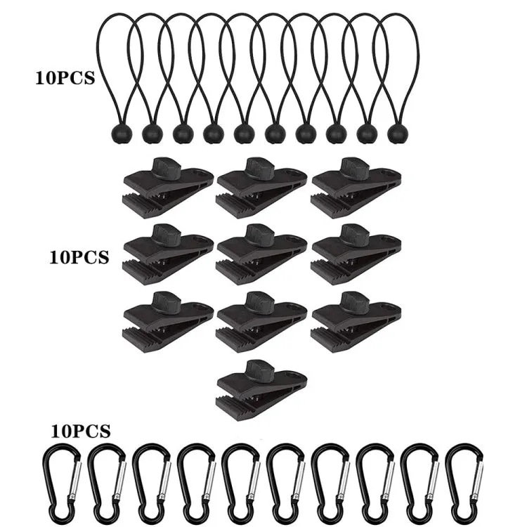 Windproof Canopy Fixed Tent Clip Rope Buckle Set 10 Clips 10 Elastic Ropes 10 Black Buckles